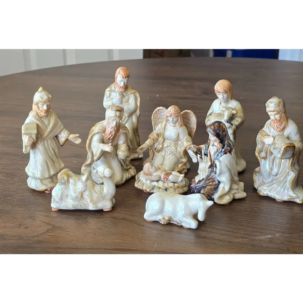Vintage Nativity Scene Figurines 9-Piece Set Hand-Painted Ceramic Religious Chri